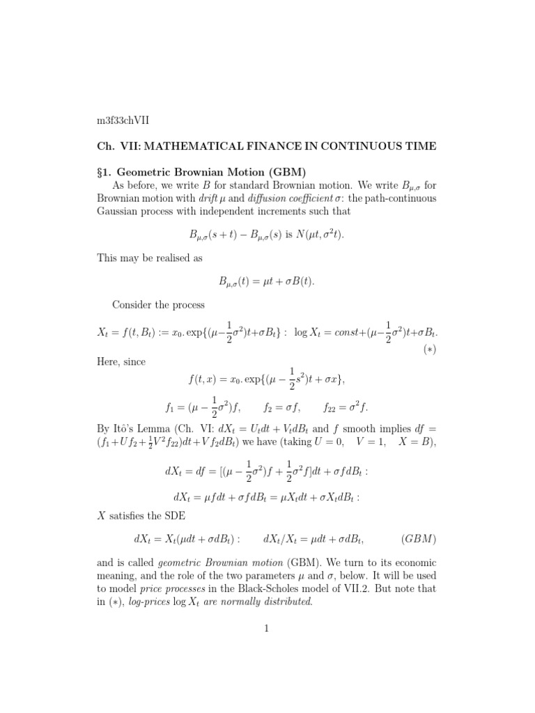Ch. Vii: Mathematical Finance in Continuous Time 1. Geometric Brownian ...