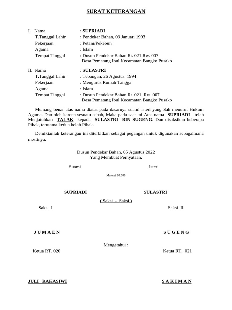 Surat Talak Supriadi dan Sulastri | PDF