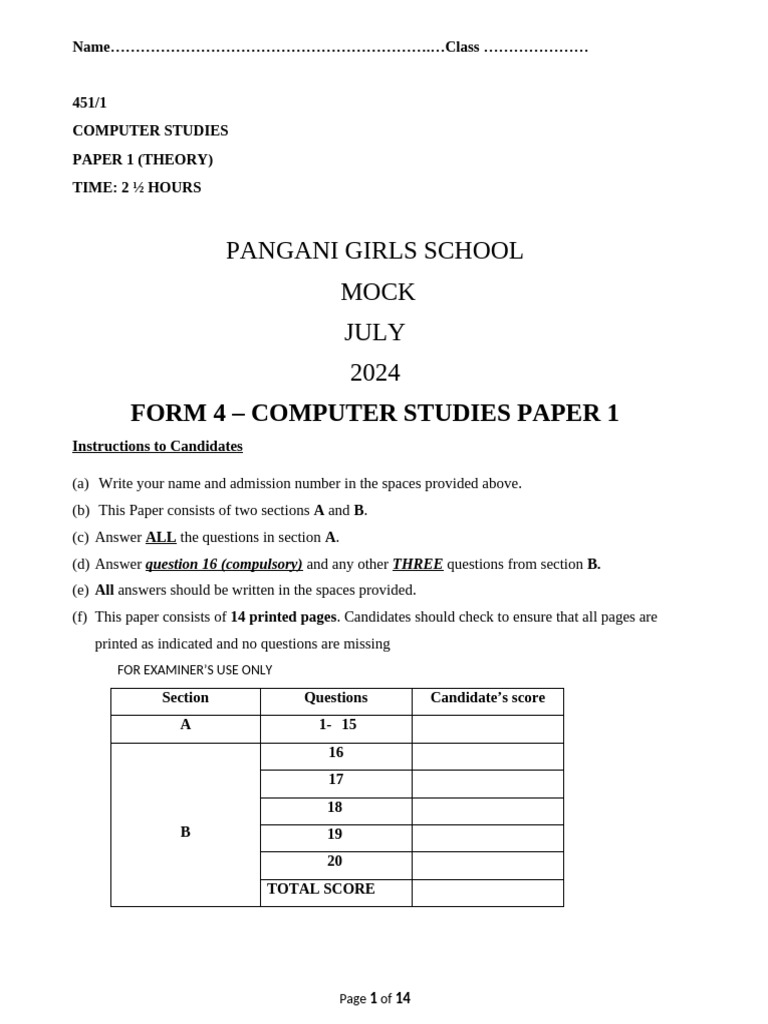 Form 4 Computer Studies Mock Exam 2024 | PDF | Computing | Computer ...