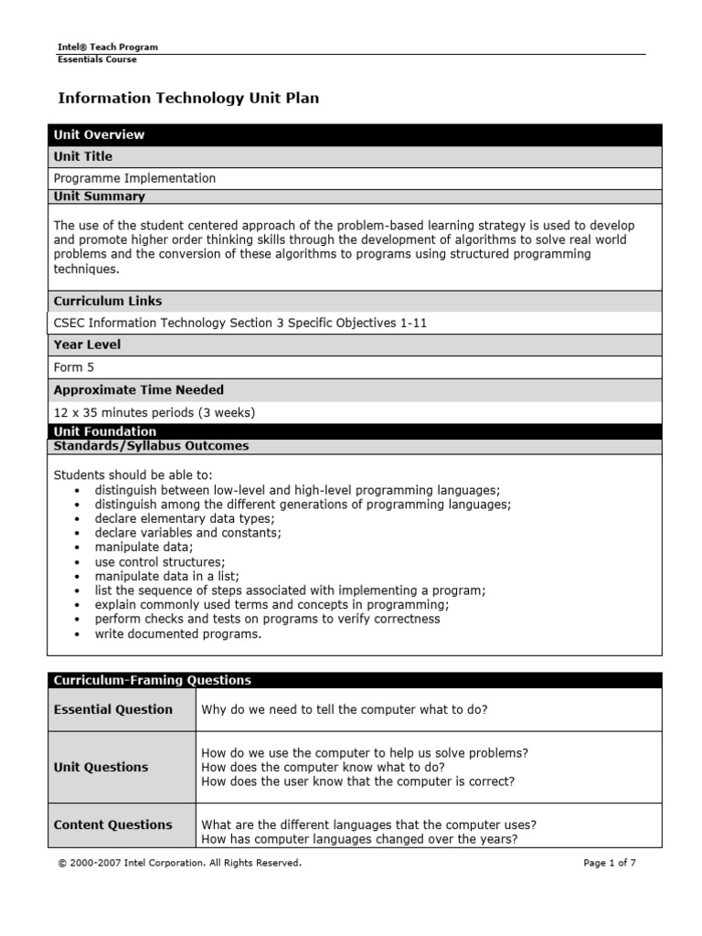 Unit Plan Template - Judi Yost - 001700 | PDF | Computer Programming ...