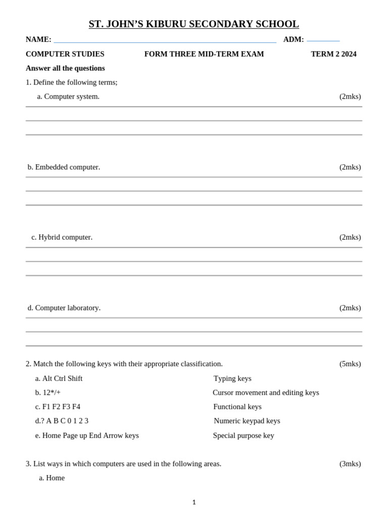 Computer Studies Mid-Term Exam 2024 | PDF | Computer Keyboard ...