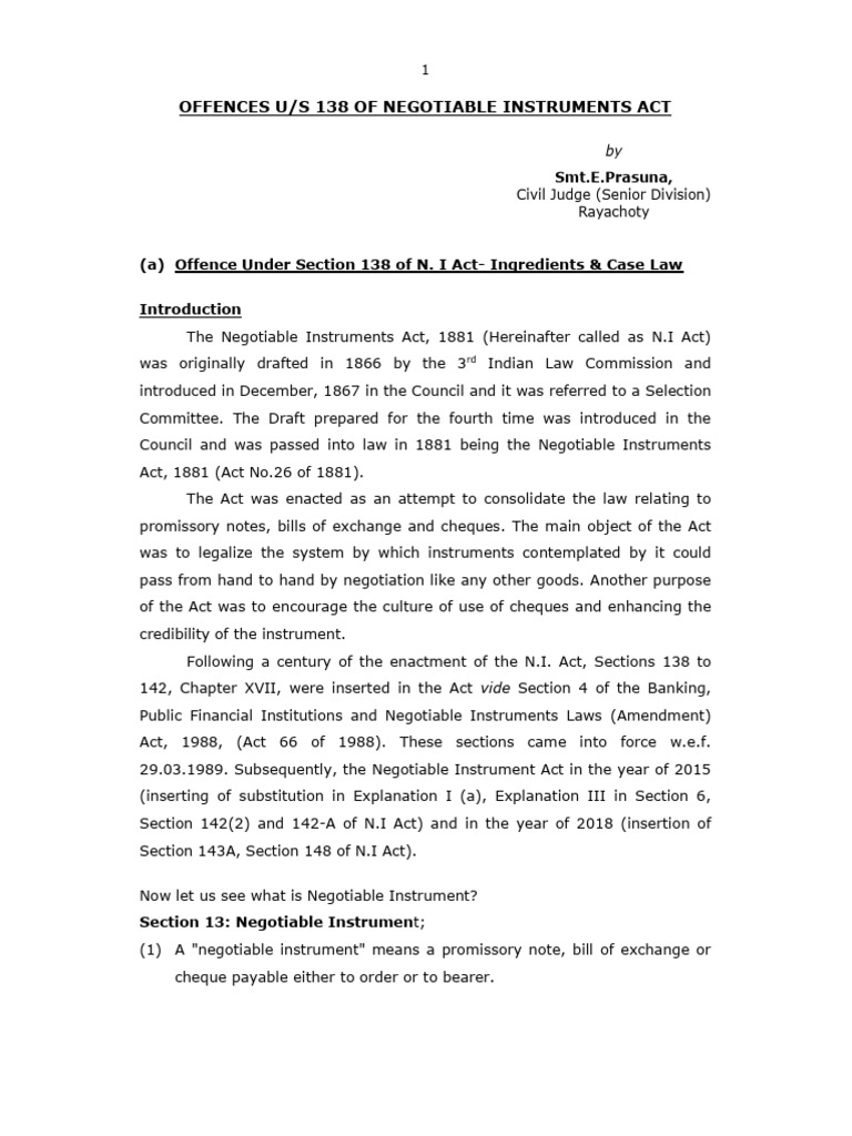 Offences U/S 138 of Negotiable Instruments Act: (A) Offence Under ...