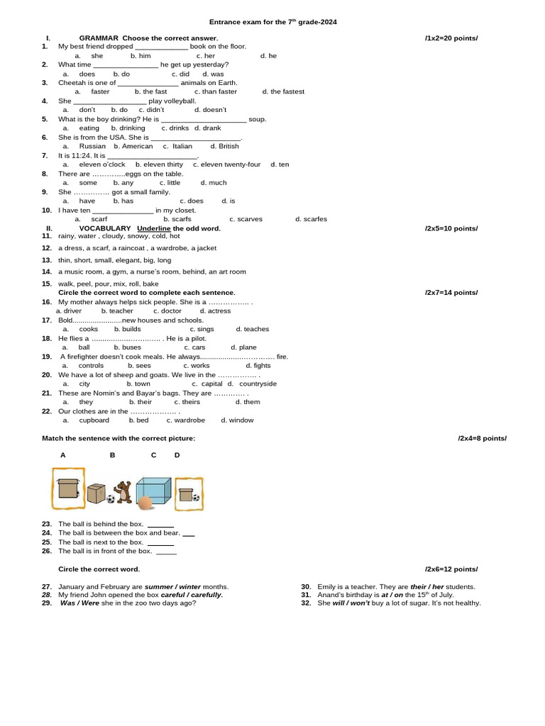 Entrance Exam For The 7th Grade | PDF