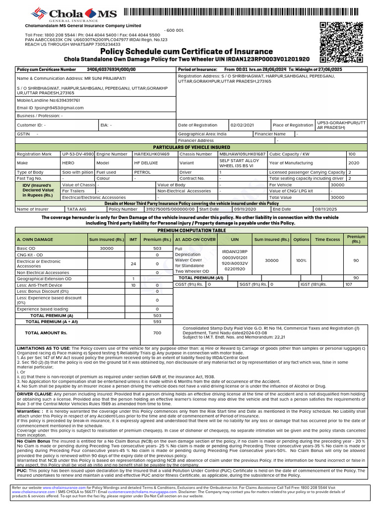 Policy Schedule Cum Certificate of Insurance | PDF | Insurance ...