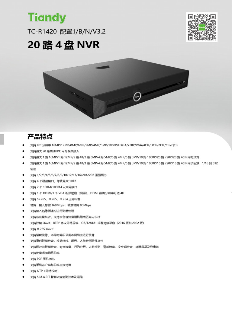 20路4盘NVR TC-R1420 配置IBNV3.2 | PDF