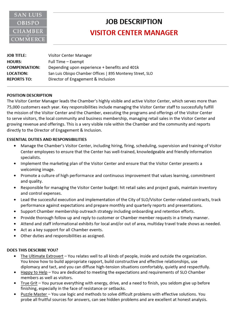 VISITOR CENTER JOB DESCRIPTION intelligence overview