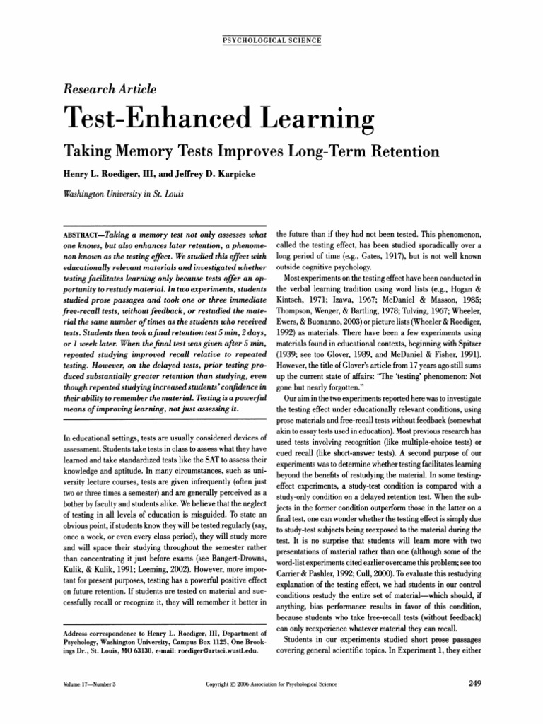 Test-Enhanced Learning: Taking Memory Tests Improves Long-Term ...