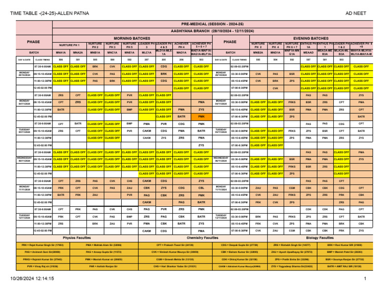 NEET 2024-25 Timetable - Allen Patna | PDF