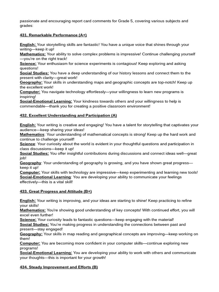 Encouraging Grade 5 Report Card Comments | PDF | Geography | Science