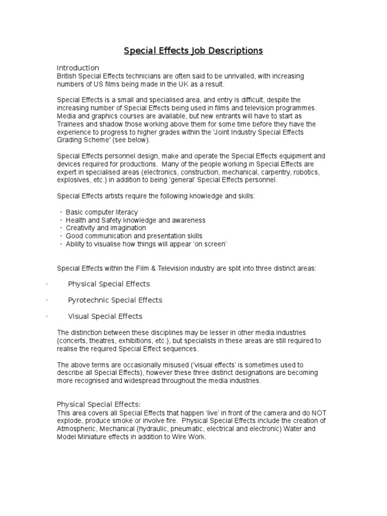 Special Effects Job Descriptions PDF Occupational Safety And Health