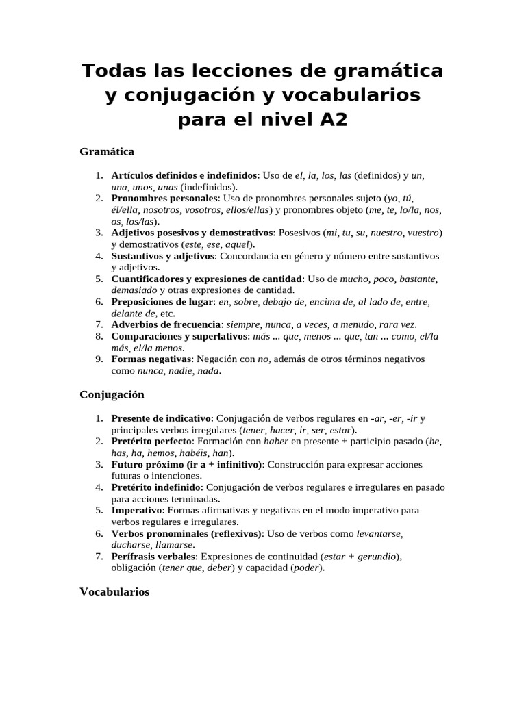 Gramática y vocabulario nivel A2 | PDF | Sintaxis | Adjetivo