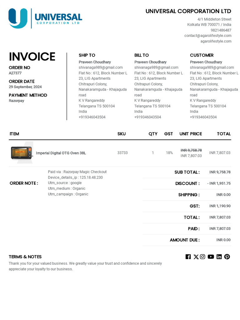 Invoice A27377 | PDF | Payments | Accounting