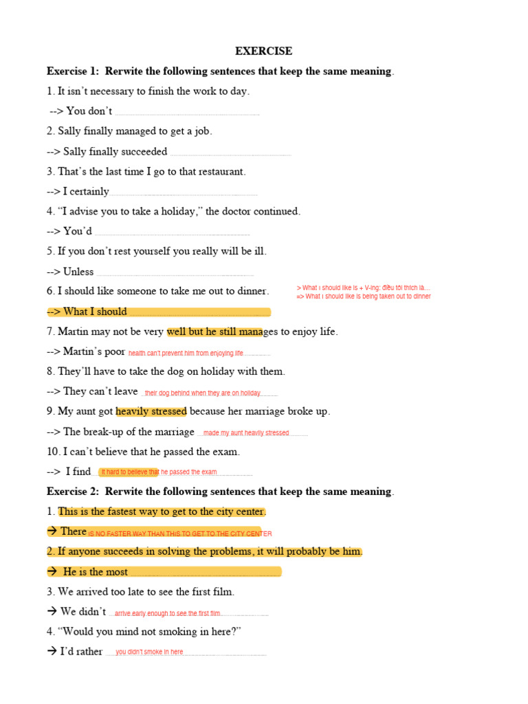 Sentence Rewriting Exercises for ESL | PDF