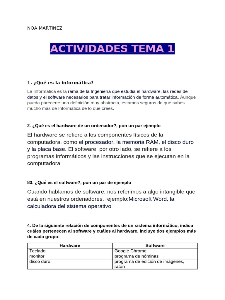 Actividades Tema 1 OFIMATICA | PDF | Hardware de la computadora
