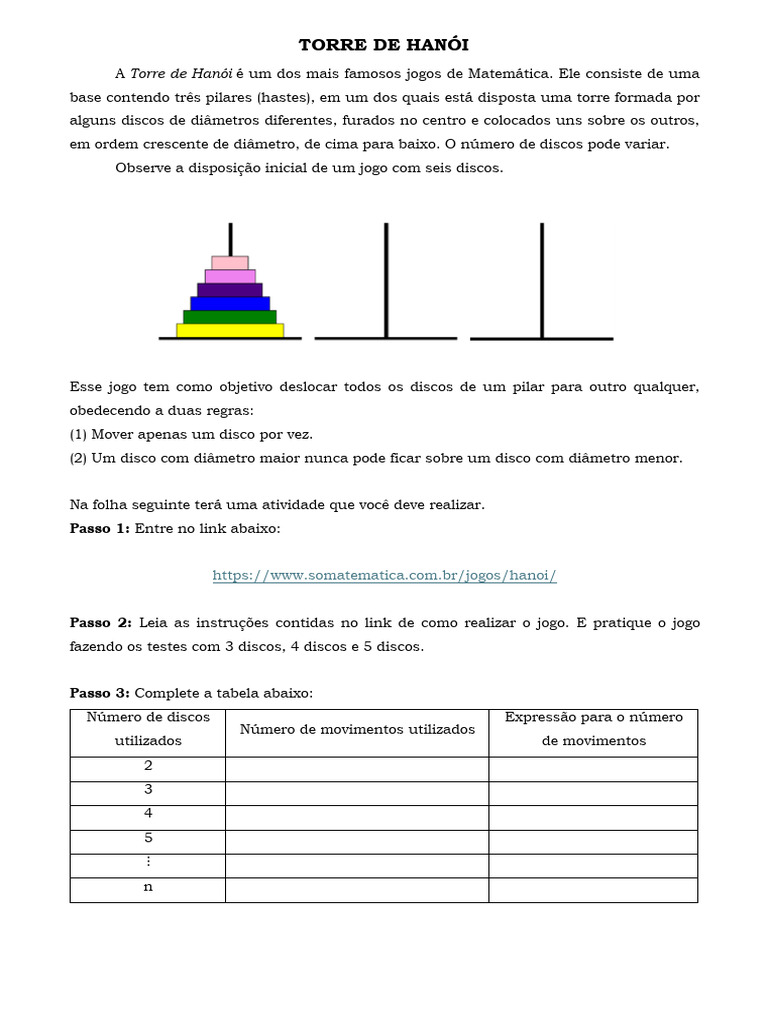 Jogo da Torre de Hanói: Regras e Atividade | PDF