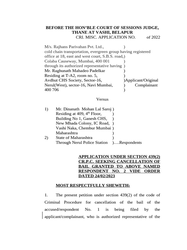 Bail Cancellation Application - Rajhans Parivahan | PDF | Bail | Common Law