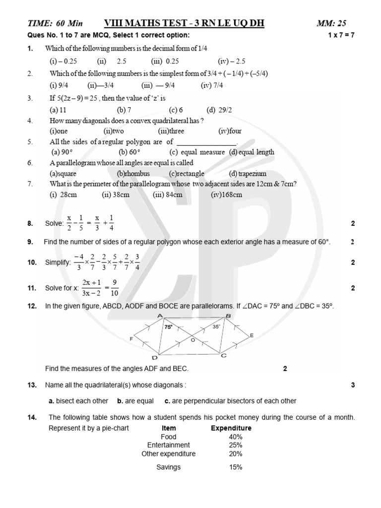 8th Grade Maths Test Questions | PDF | Geometry | Geometric Shapes