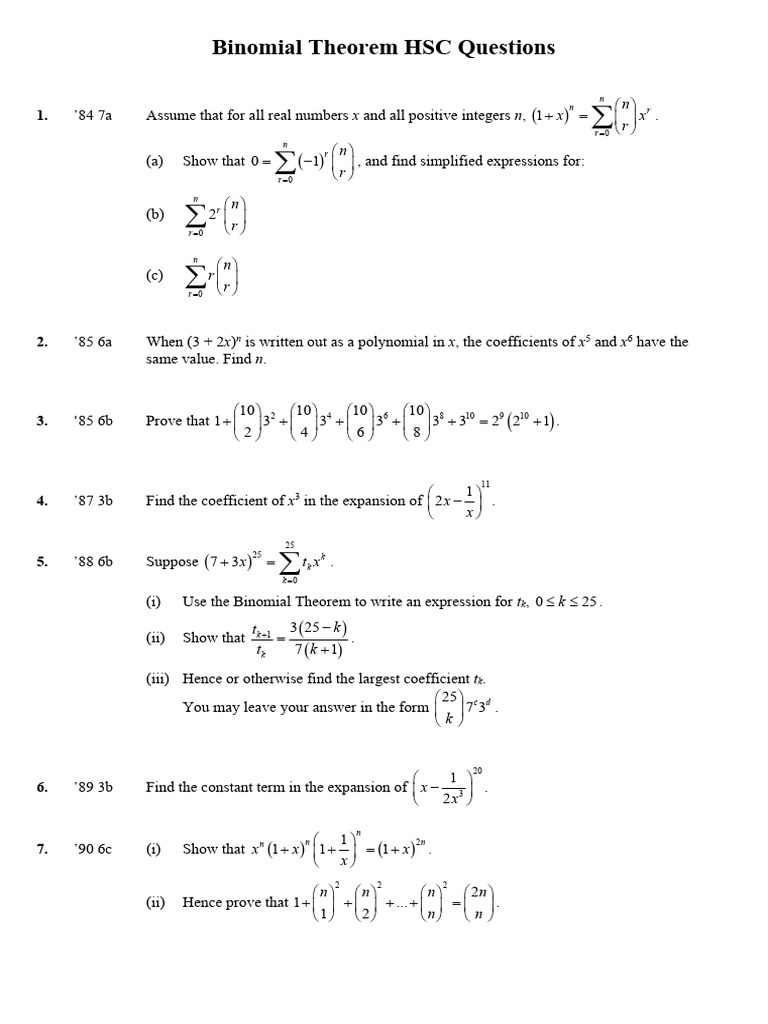 HSC Binomial Theorem Questions | PDF | Number Theory | Numerical Analysis