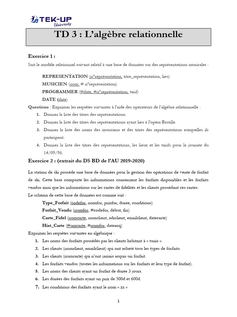 Algèbre relationnelle : Exercices TD 2024/3 | PDF | Bases de données