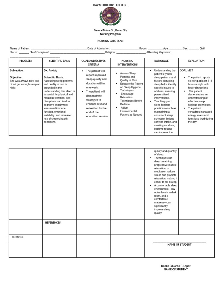 NCP-FORM (1) | PDF | Sleep | Relaxation (Psychology)