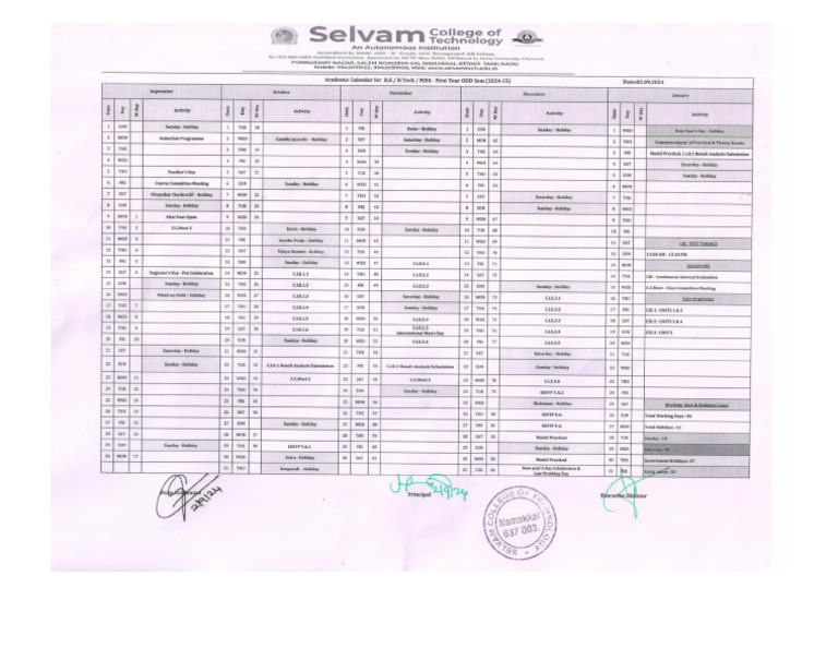 Academic Calendar I Year ODD Sem (2024-25) | PDF