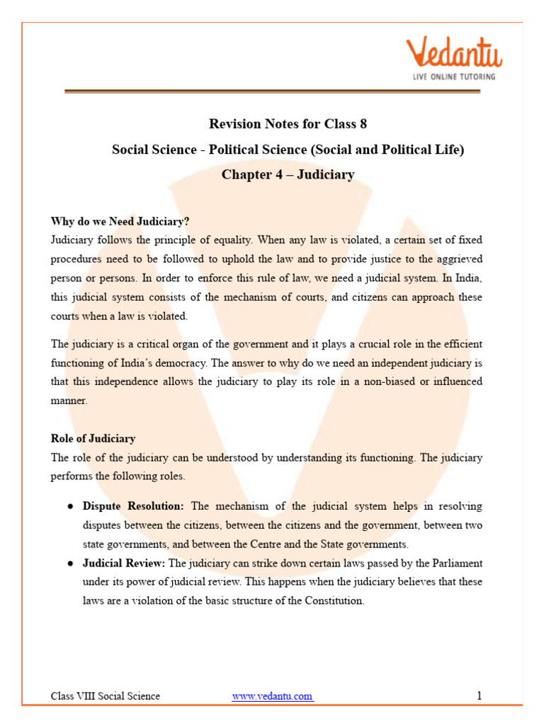 CBSE Political Science Chapter 4 Judiciary Class 8 Notes FREE PDF | PDF ...