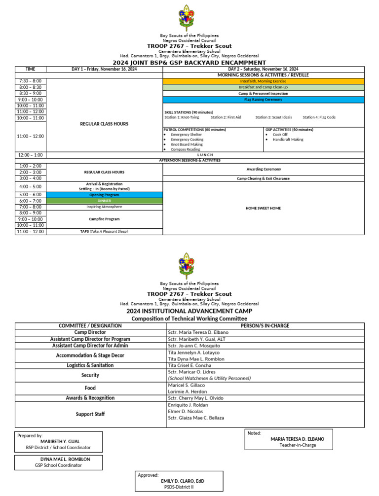 2024 BSP-GSP Backyard Encampment Schedule | PDF | Scouting | Youth ...