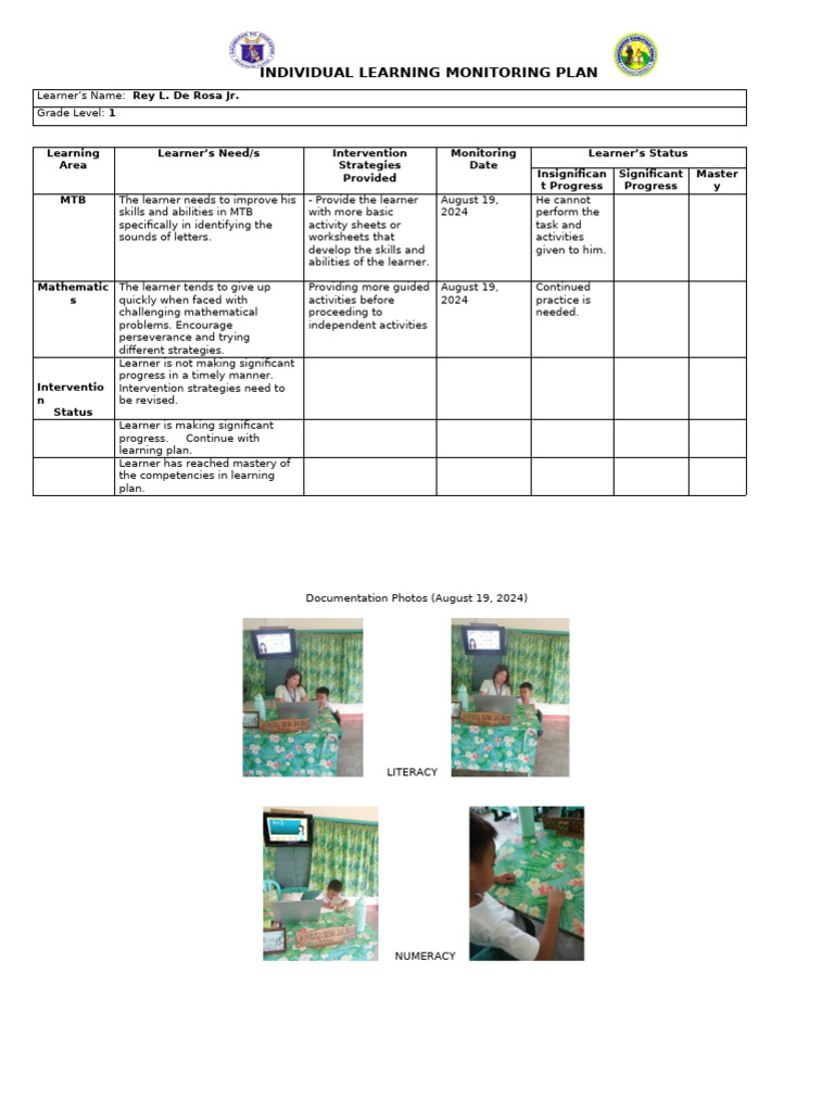Grade 1 Learning Progress Report | PDF | Learning | Literacy