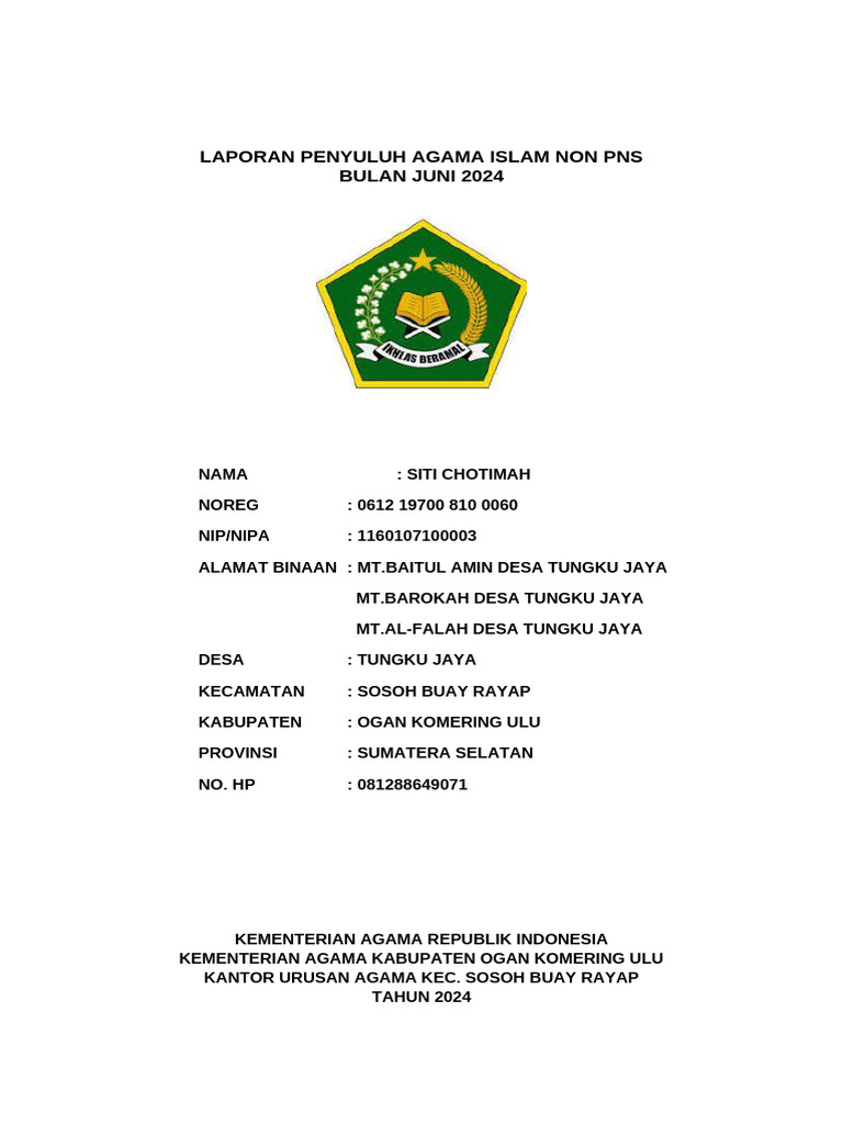 Laporan Penyuluh Agama Non PNS Juni 2024 | PDF