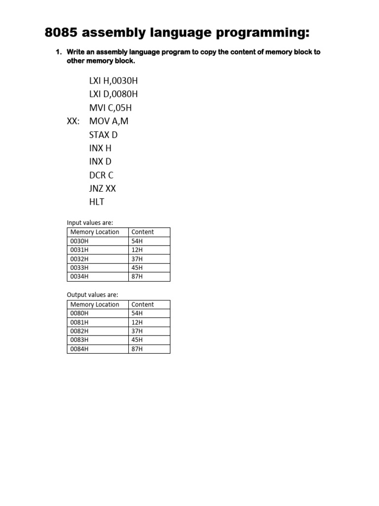 8085 Assembly Language Programming:: LXI H, 0030H LXI D, 0080H MVI C ...