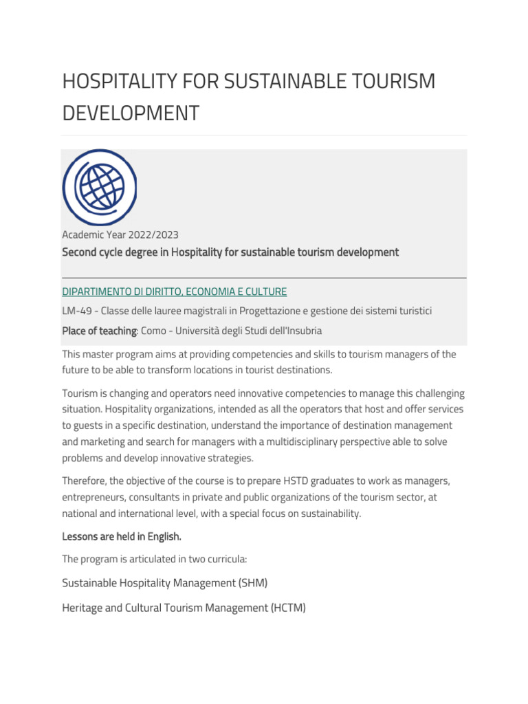 Thạc Sĩ HOSPITALITY FOR SUSTAINABLE TOURISM DEVELOPMENT | PDF | Tourism