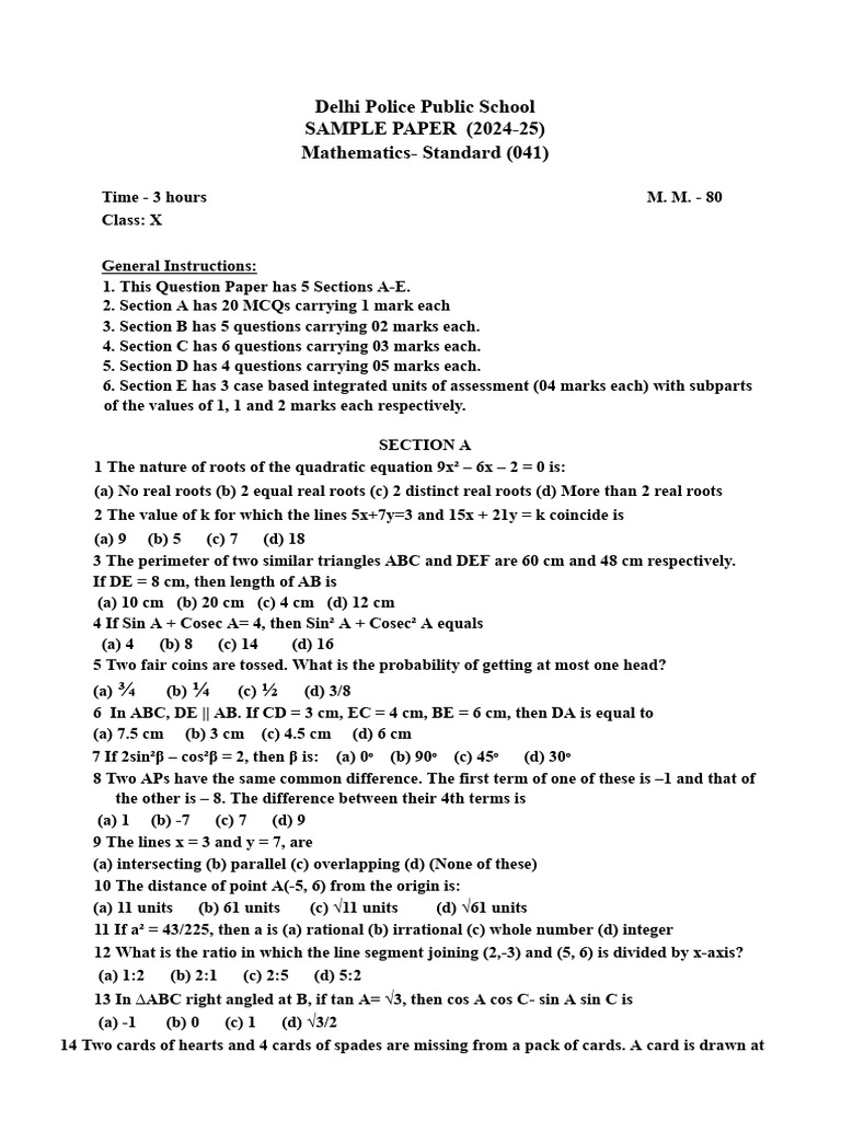 Class 10 Maths Half-Yearly Sample Paper | PDF | Triangle | Mathematics
