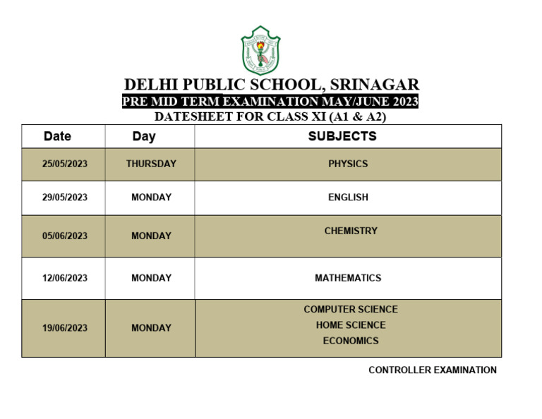 Class XI Sections A1, A2 Pre Mid Examination Datesheet 2023 | PDF