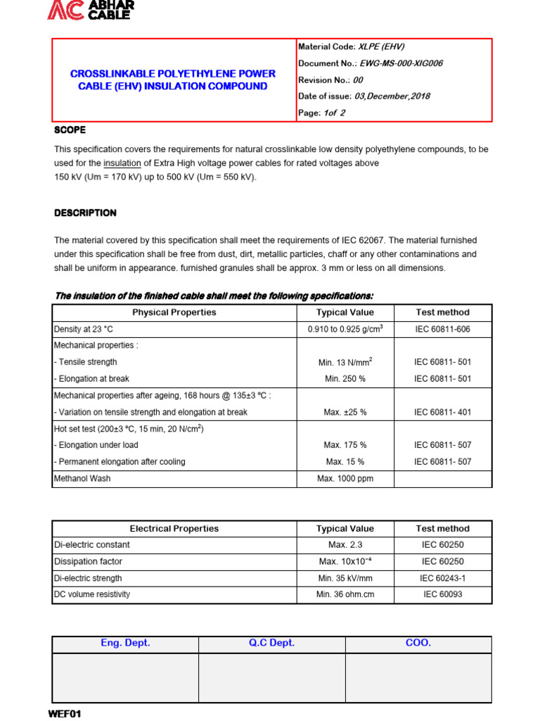 XLPE Insulation Compound Specification | PDF | Insulator (Electricity ...