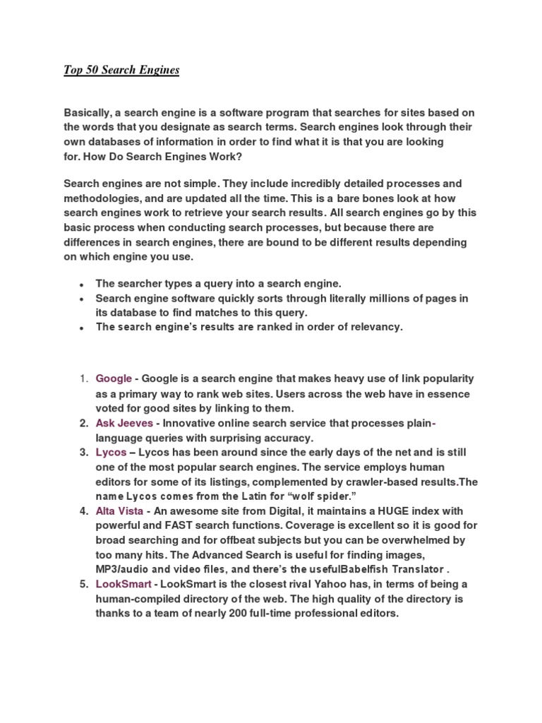 Top 50 Search Engines Overview | PDF | Web Search Engine | Aggregation ...