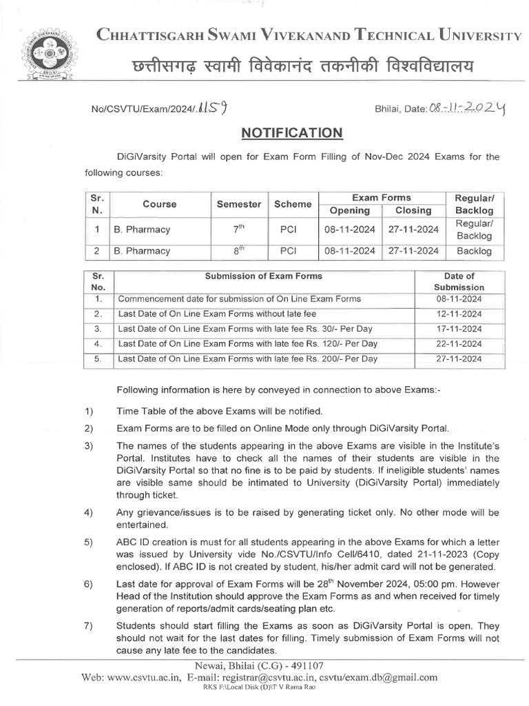 Notification - DiGiVarsity Portal Will Open For Exam Form Filling of ...
