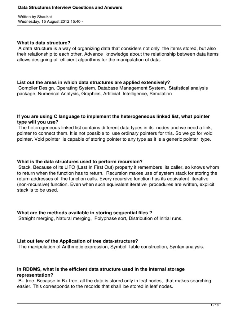 Data Structures Interview Questions and Answers | PDF | Pointer ...