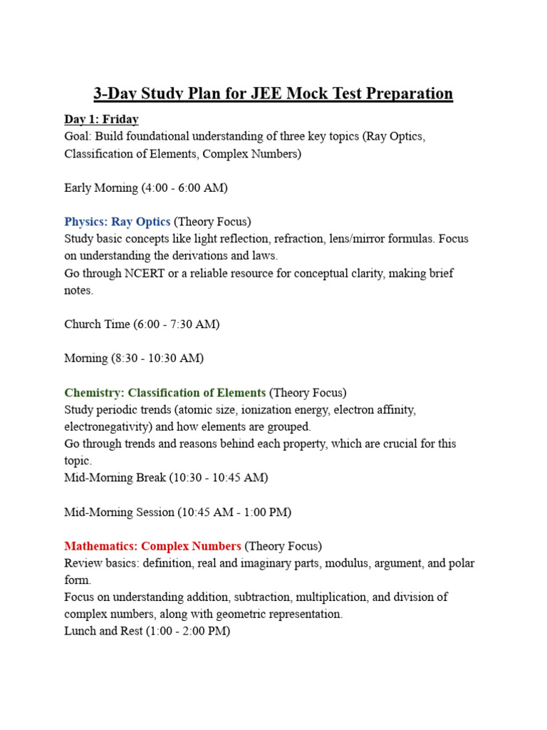 3-Day JEE Mock Test Study Plan | PDF | Magnetism | Optics