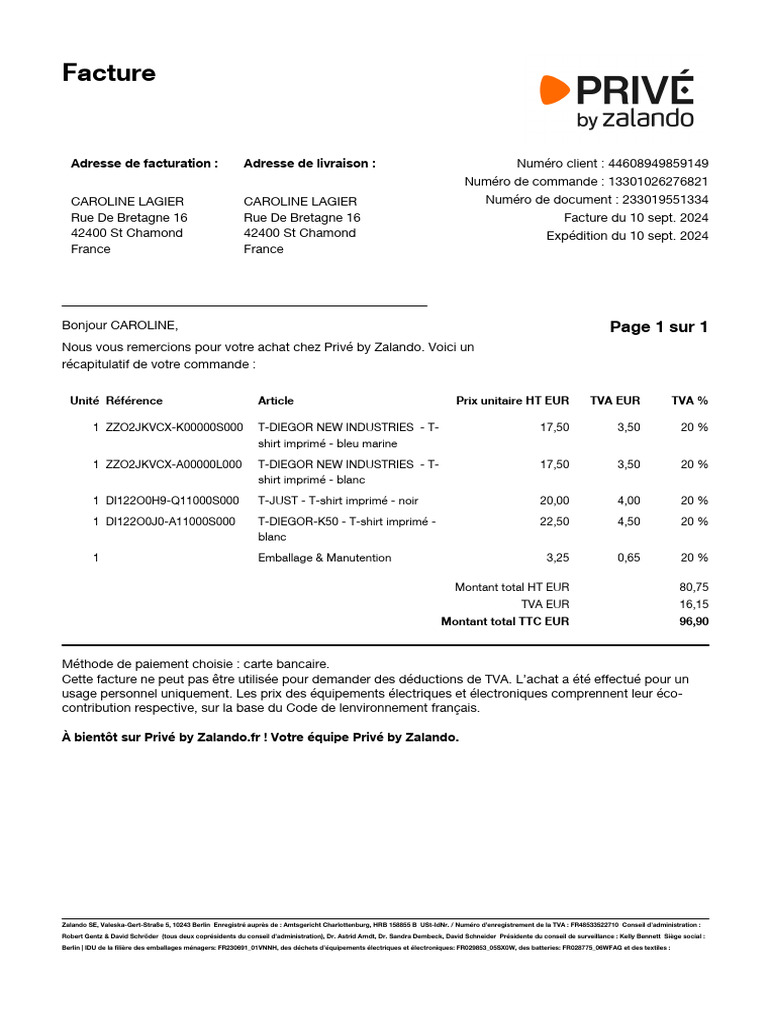 Facture d'achat chez Privé by Zalando | PDF | Facture | Économie