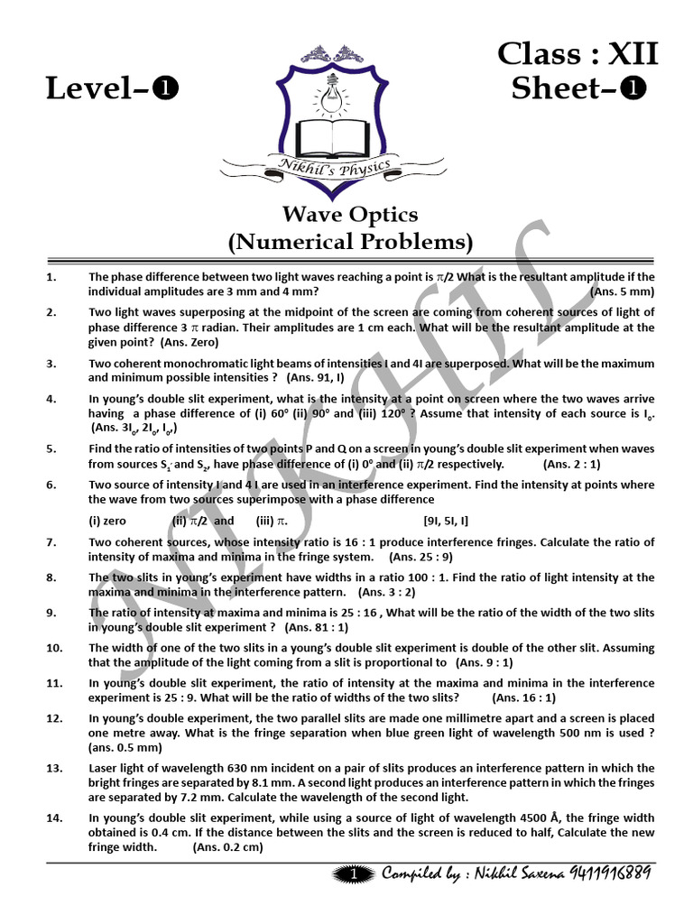 Wave Optics Problems for Class XII | PDF | Diffraction | Wavelength
