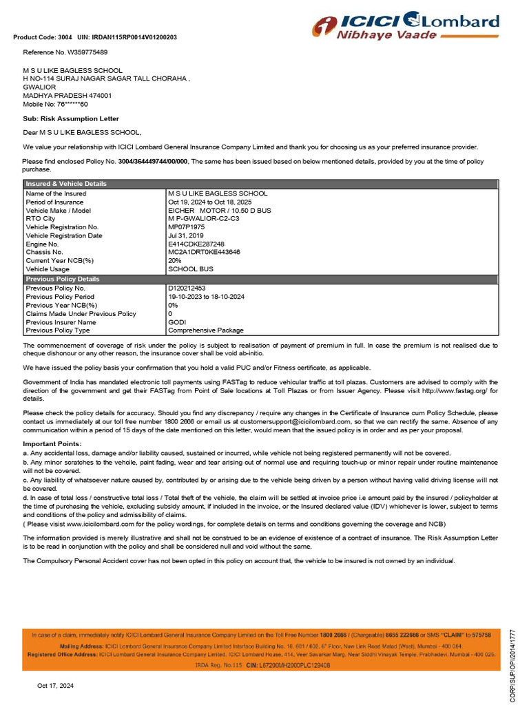 Sub: Risk Assumption Letter: Insured & Vehicle Details | PDF ...