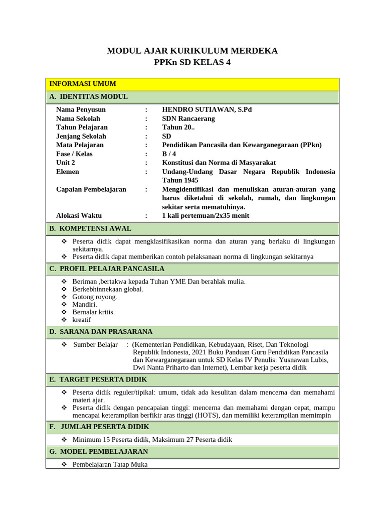 Modul Ajar PPKn Kelas 4 SD Kurikulum Merdeka | PDF | Karier & Perkembangan