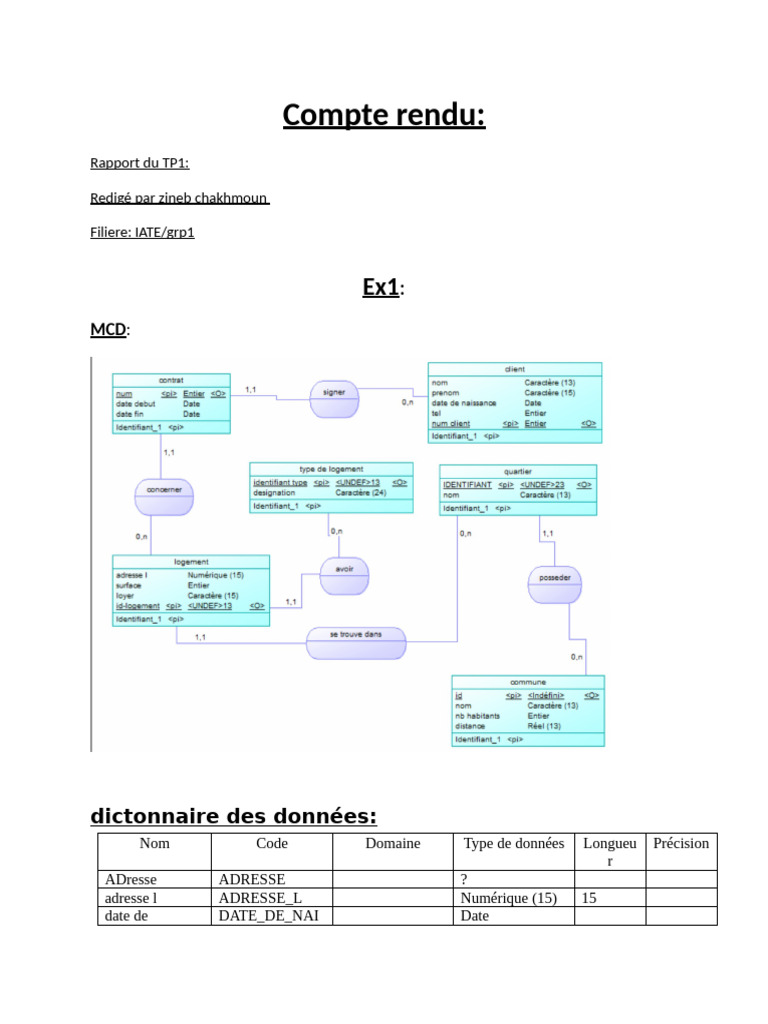 Rapport TP1 : Dictionnaire des données | PDF