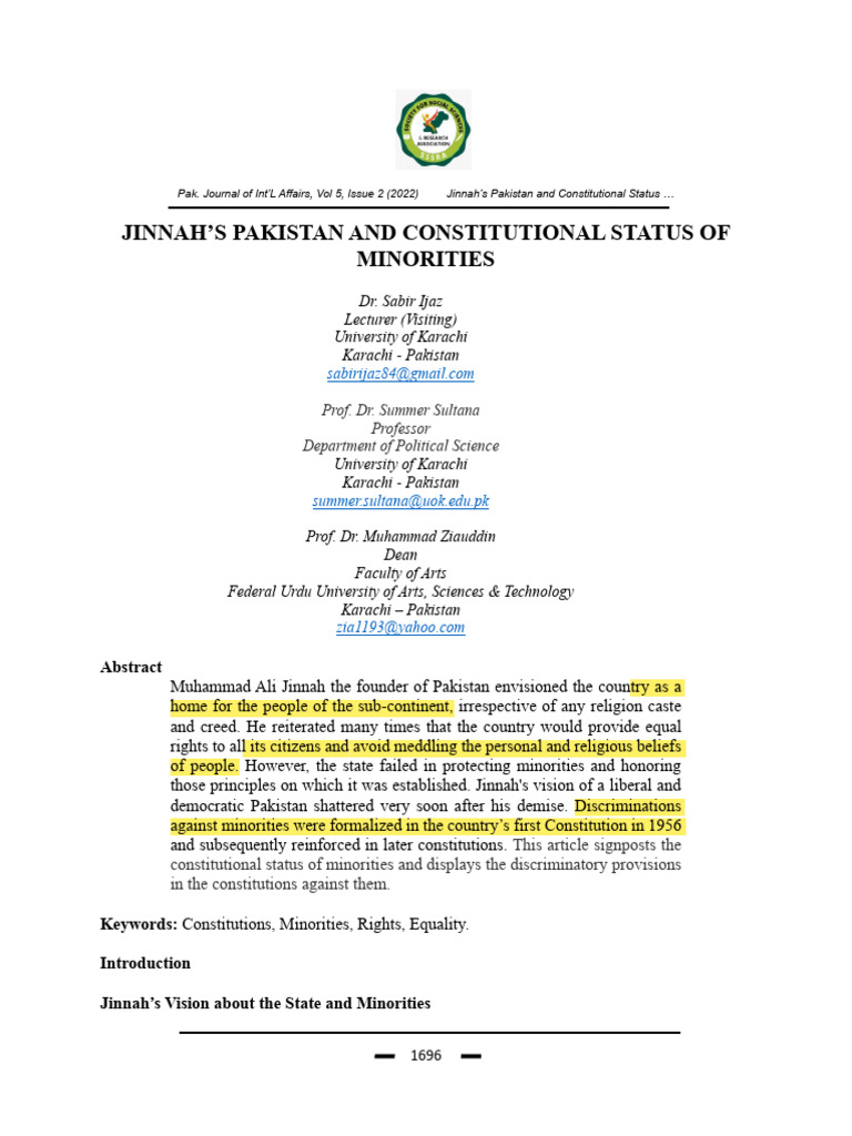 110 Jinnahs Pakistan and Constitutional Status of Minorities | PDF ...