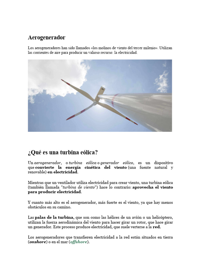Aerogeneradores: Cómo Funcionan y Tipos | PDF | Energía eólica | Turbina