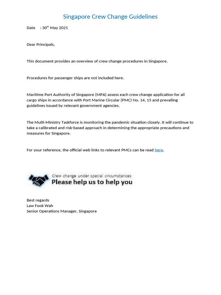 Singapore Crew Change Guidelines (30may2021) | PDF | Travel Visa