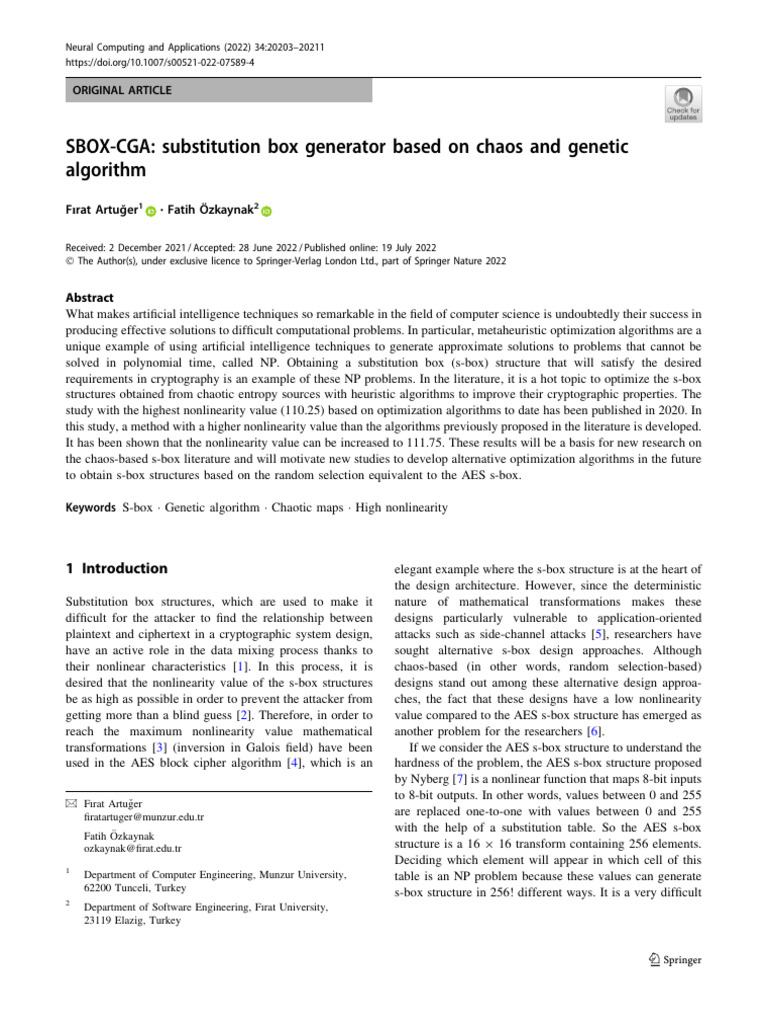 Sbox cga substitution box generator based on chaos and genetic