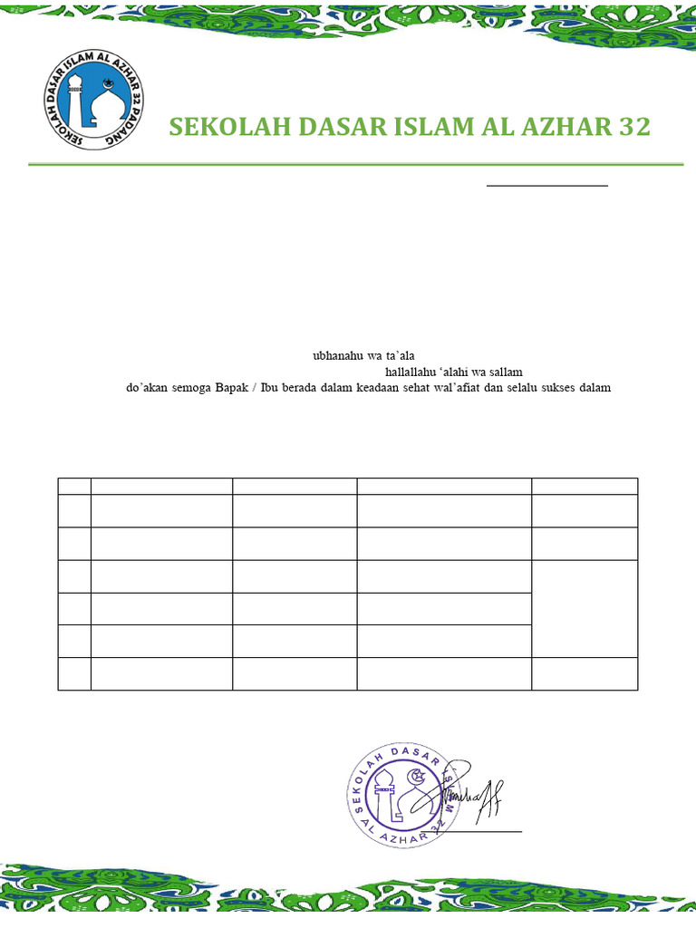 Edaran Tahun Ajaran Baru SD Al Azhar 32 | PDF
