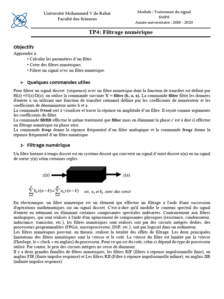Filtrage numérique avec MATLAB | PDF | Filtre (électronique) | Filtration
