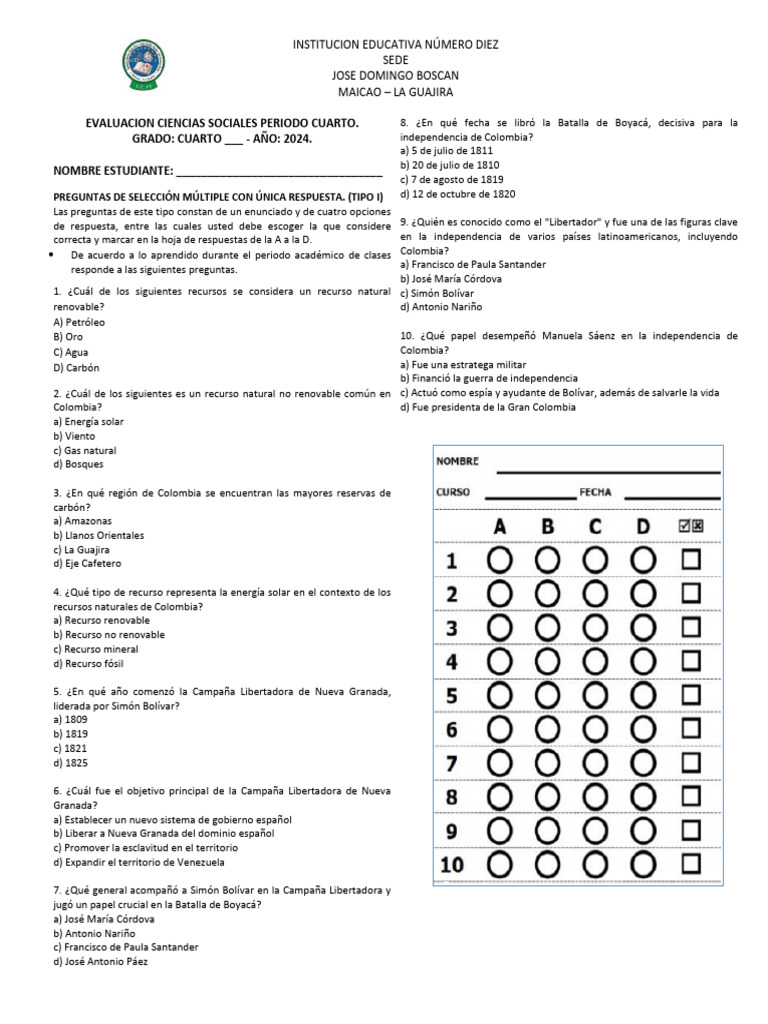 Evaluación Ciencias Sociales 4to Grado 2024 | PDF | Colombia